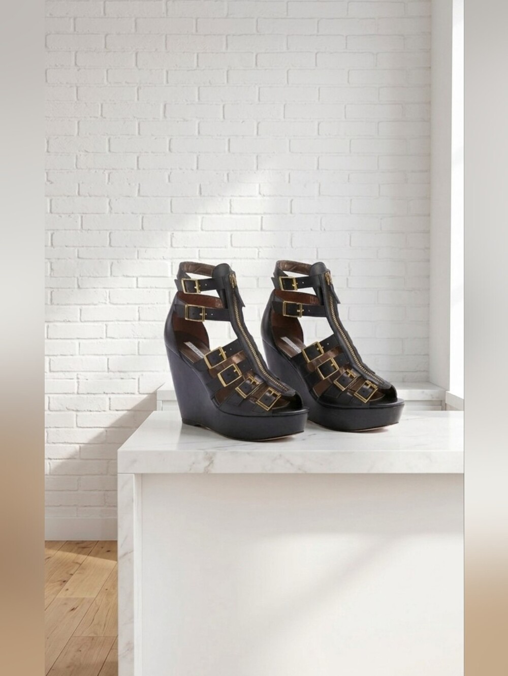 Cynthia Vincent Black Strappy Wedge Mules